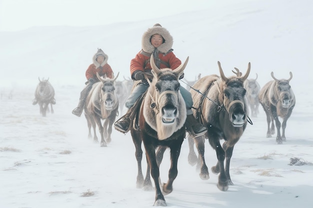 Beautiful picture of a child riding a traditional Mongolian reindeer on a Mongolian taiga reindeer