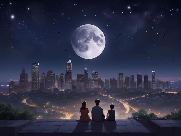 A beautiful picture of a family with a moon in the night sky