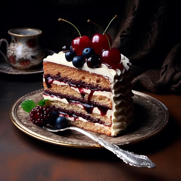 A beautiful piece of cake with cherries and berries on a plate