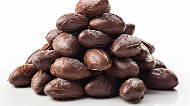 A beautiful pile of chocolatecovered almonds on a clean white background