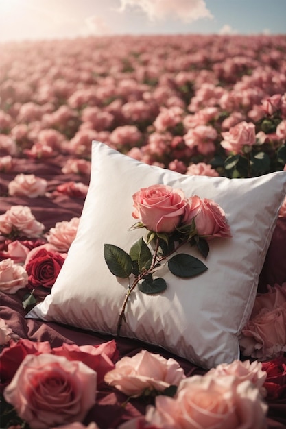 Beautiful pillow on the bed with pink roses background vintage tone