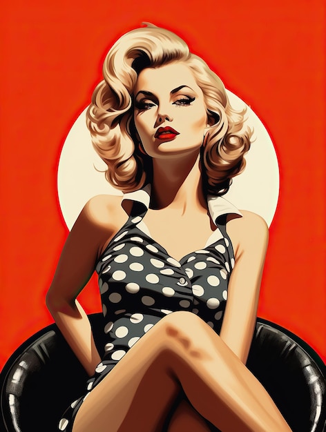 Beautiful pin up girl wearing polka dot dress 50s style retro poster graphic with red background