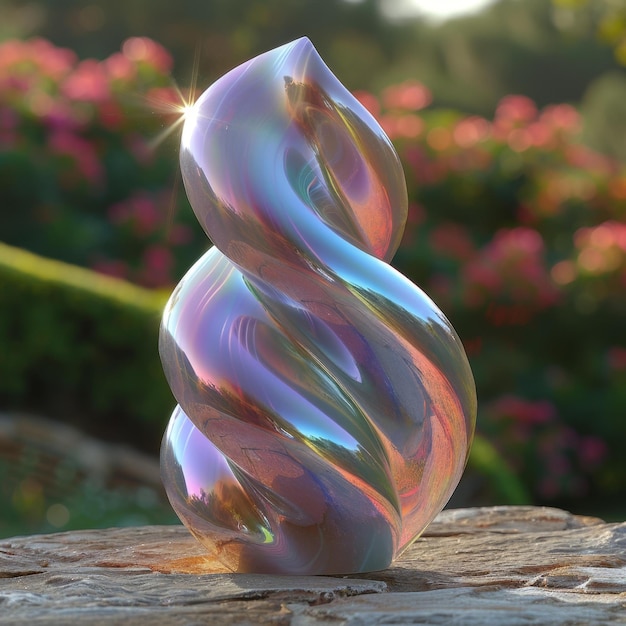 Photo beautiful pink and blue glass sculpture on stone