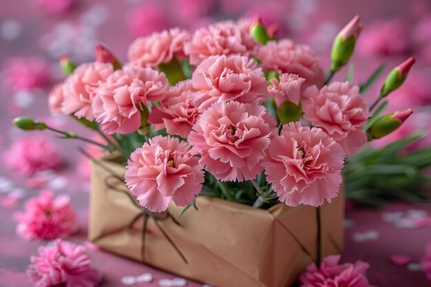 Photo beautiful pink carnations in gift box perfect for spring celebrations mothers day or romantic anniversaries