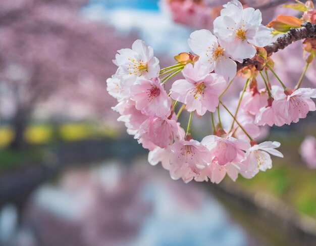 Beautiful pink cherry blossom Sakura flower in full bloom