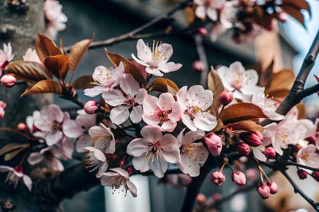 beautiful pink cherry blossoms with beautiful leaves