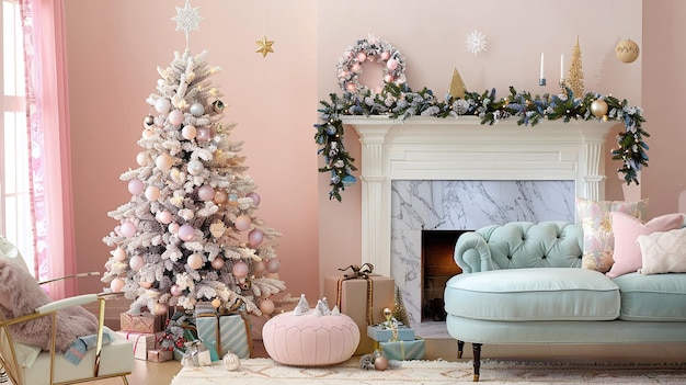 A beautiful pink Christmas tree and decorations in a living room