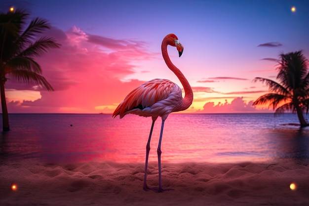 Beautiful pink flamingo in lake with reflection on beautiful sunset background Generative AI