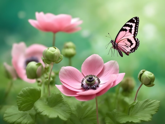 Beautiful pink flower anemones fresh spring morning on nature and fluttering butterfly on soft green