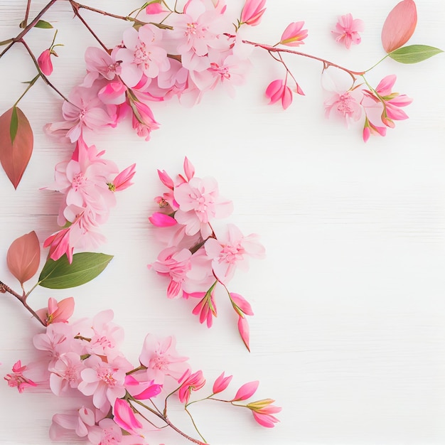 Beautiful pink flowers on white wooden background Valentine's day concept with copy space