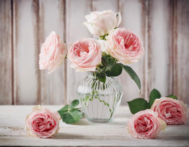 Photo beautiful pink garden roses in glass vases on rustic white wooden background