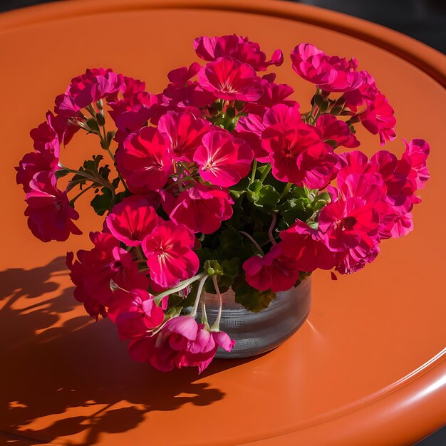 Photo beautiful pink geraniums flowers in a vase on an orange surface