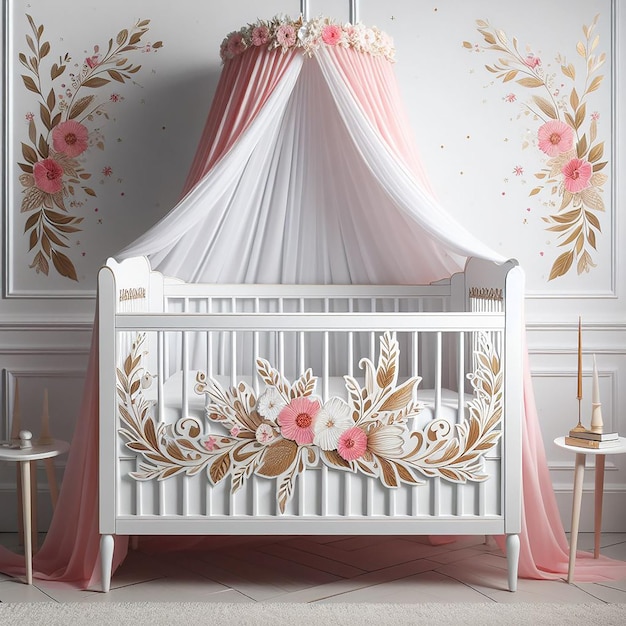 Beautiful pink and golden design baby bed AI Generated