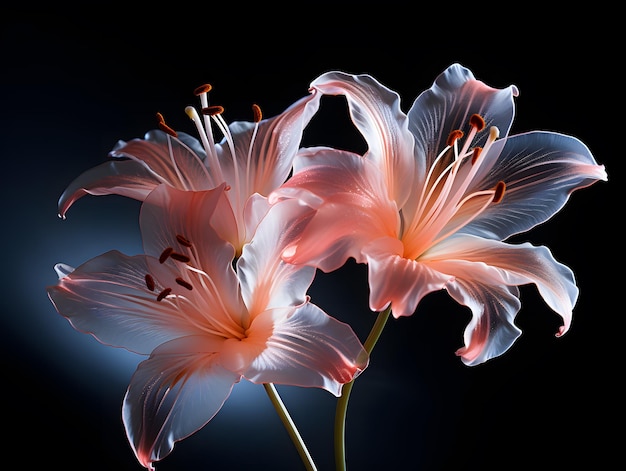 Beautiful pink lily flowers on a black background closeup