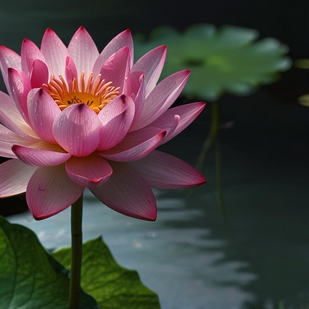 Beautiful pink lotus flower with a green leaf in the pond