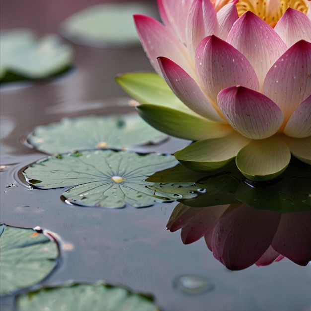 Beautiful pink lotus flower with a green leaf in the pond