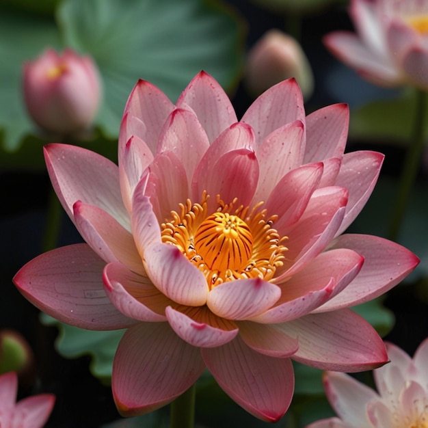 Beautiful pink lotus flower with a green leaf in the pond