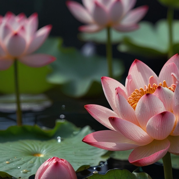 Beautiful pink lotus flower with a green leaf in the pond