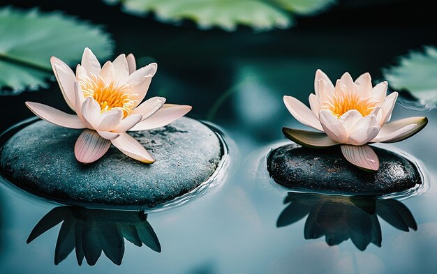 Beautiful pink lotus flowers bloom on smooth stones in a serene pond surrounded by lily pads during a tranquil afternoon