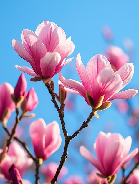 Beautiful Pink Magnolia Blossoms Against Clear Blue Sky