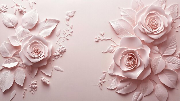 Photo beautiful pink paper roses adorned with intricate leaf designs on a soft pastel background