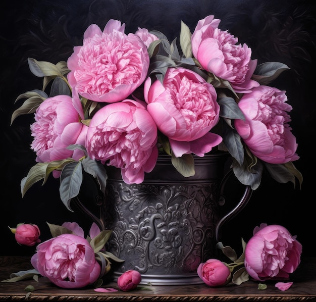 Beautiful pink peonies in a metal bucket