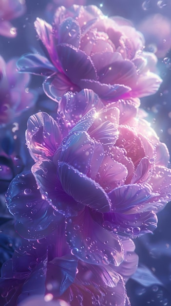 A beautiful pink peony flower is covered with dew drops Artistic macro image closeup