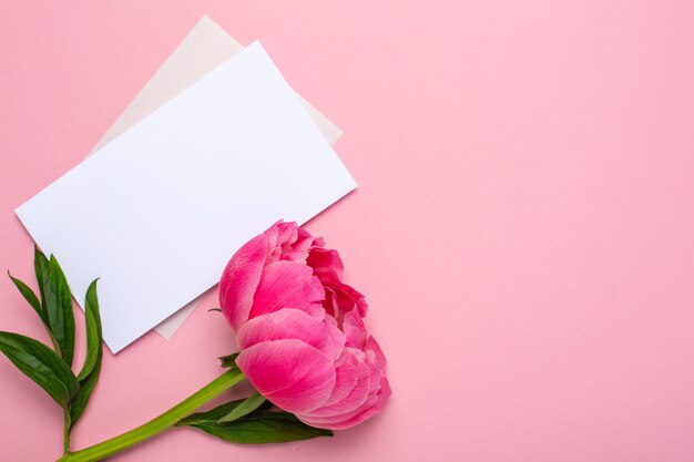 Beautiful pink peony flower and notebook