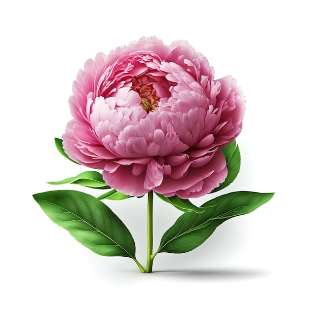 Beautiful pink peony flower with fresh green leaves isolated