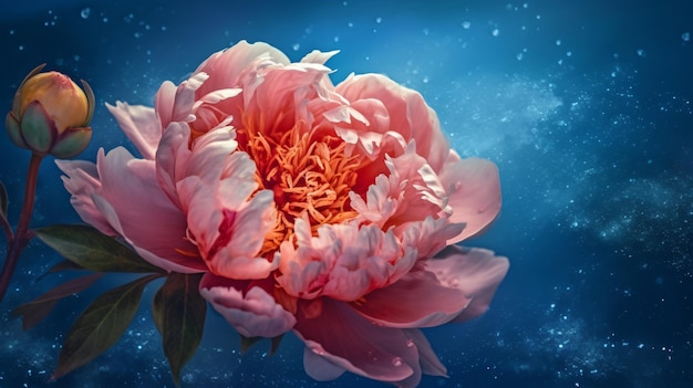 beautiful a pink peony with a blue background