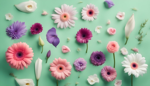 Beautiful pink purple and white flowers on a pastel green background