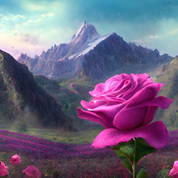 Beautiful pink rose flowers Fantasy flower garden Floral background 3D illustration