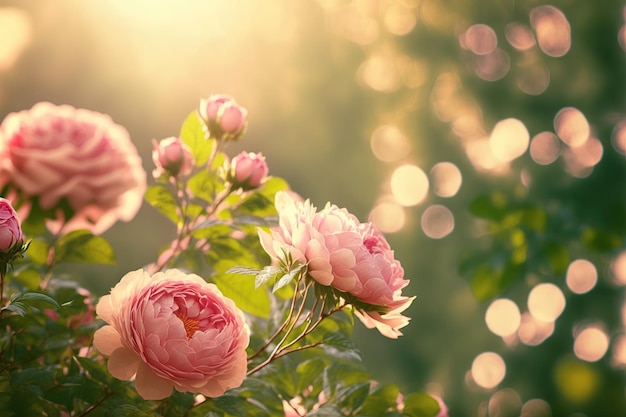 Beautiful pink rose flowers in the garden at sunset. Natural background