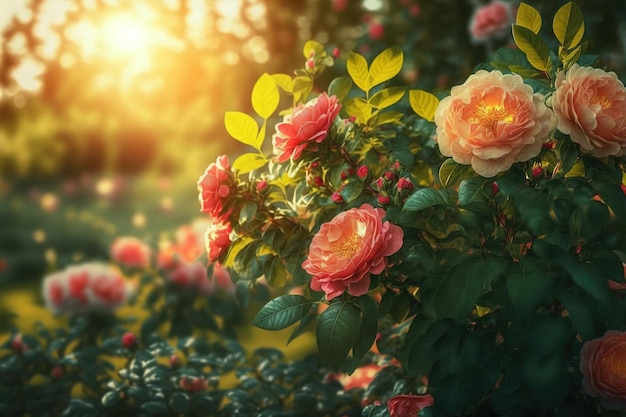 Beautiful pink rose flowers in the garden at sunset. Natural background