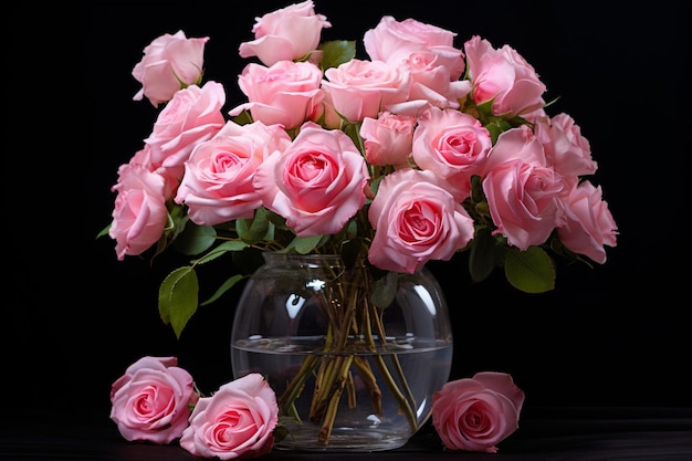 Beautiful pink roses bouquet in a glass vase