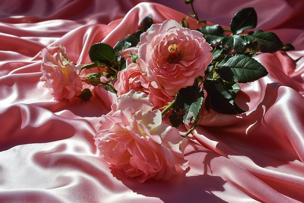 Beautiful pink roses on a pink satin background close up