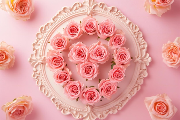 Beautiful pink roses in shape of heart on pink background top view