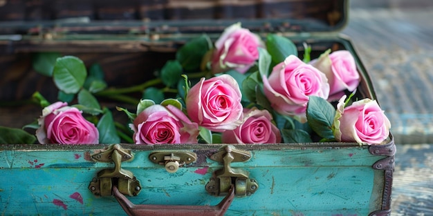 Photo beautiful pink roses in suitcase