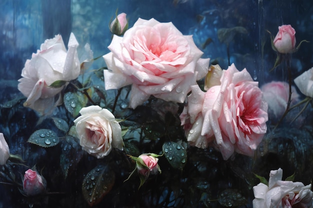 Beautiful pink roses with water drops on the background of the window