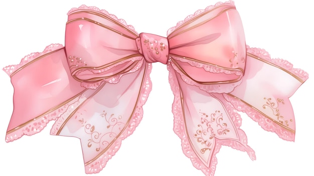 Beautiful pink silk ribbon bow with lace Isolated clip art trendy coquette aesthetic