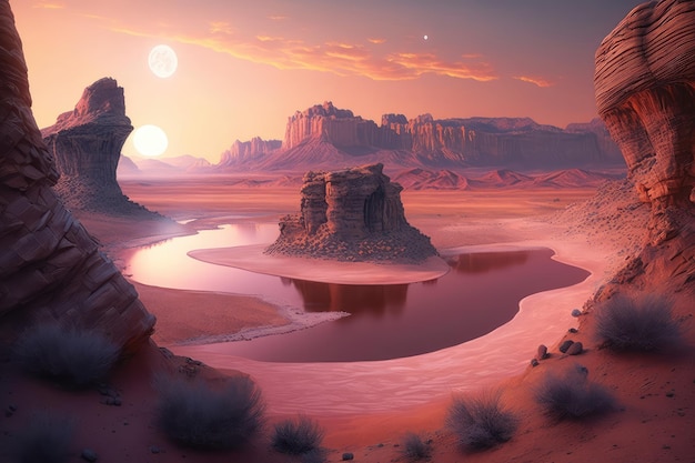 Beautiful pink sunset over desert and cliffs with lake in the desert