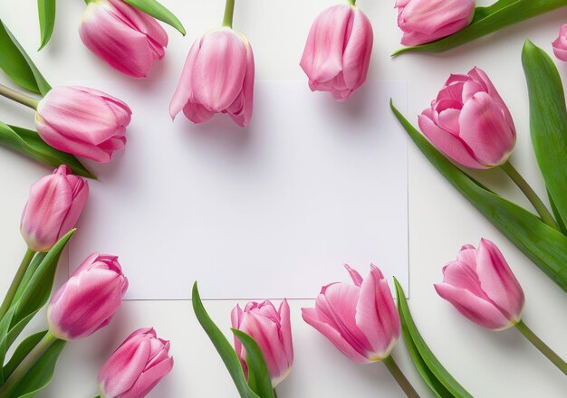 Beautiful pink tulips arranged around a blank white card on a light background