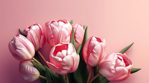 Beautiful pink tulips on pink background generative ai