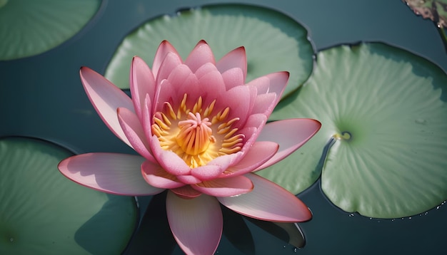 Beautiful pink water lily flower with leaves in a pond background