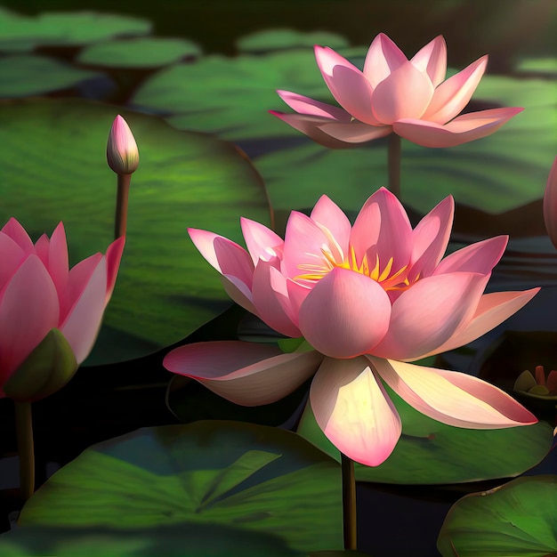 A beautiful pink waterlily or lotus flower in pond