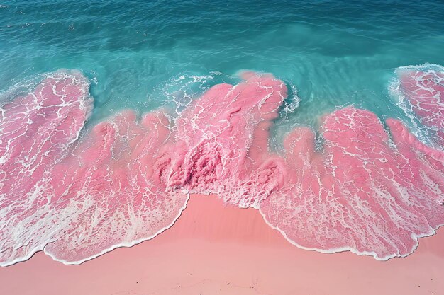 Photo beautiful pink and white beach waves crashing on the shore aerial view minimalist style pastel c