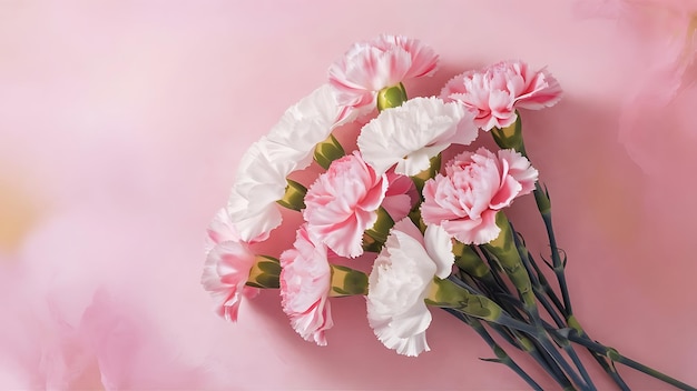 Beautiful pink and white carnation flowers on a pink pastel background