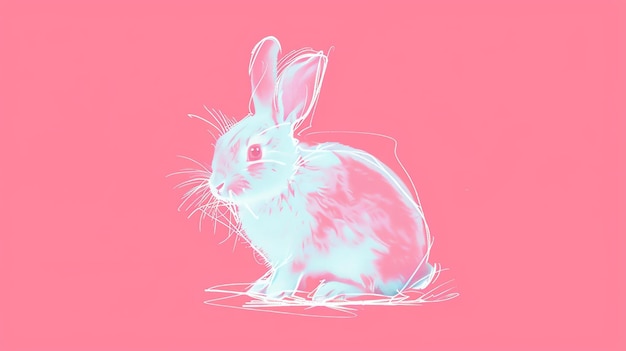 A beautiful pink and white rabbit sits on a pink background The rabbit is looking at the viewer with its big round eyes