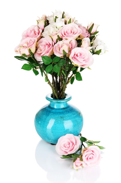 Beautiful pink and white roses in vase isolated on white