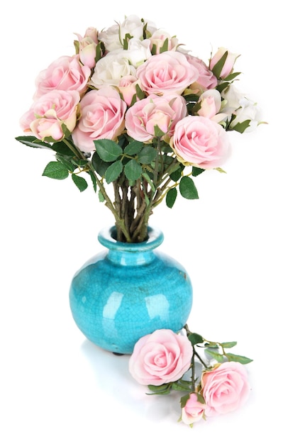 Beautiful pink and white roses in vase isolated on white